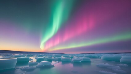 aurora borealis gradient sky, green to magenta  blend, icy abstract foreground