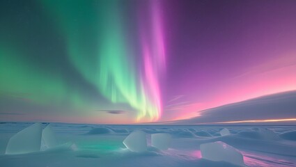 aurora borealis gradient sky, green to magenta  blend, icy abstract foreground