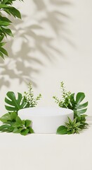 Serene Tropical Plant Display White Round Pedestal with Lush Greenery and Soft Shadows