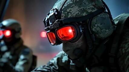 Armed Soldiers in Camouflage Gear Wearing Night Vision Goggles in Dark Environment - Powered by Adobe