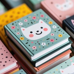 Cute Cartoon Cat Notebook with Floral Patterns and Soft Colors