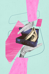 Vertical photo collage of hands hold retro suitcase summer adventure preparation mouth element...