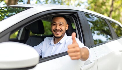 Happy driver thumbs up with car, and outdoors.
