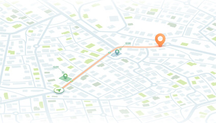 GPS navigation to pins and multiple markers on route. Cty map featuring directional signs, an intended goal point. Abstract plan highlights. Vector illustration © Vadym