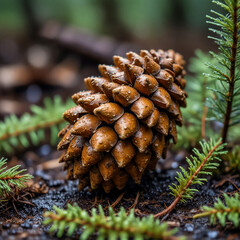 Watercolor macro of a small pine cone on the forest floor, wet with fresh rain, framed by fallen needles and lichen