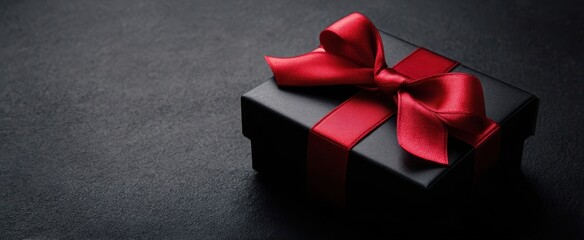 Fototapeta na wymiar The elegant black gift box adorned with a vibrant red ribbon.