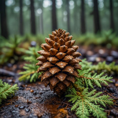 Watercolor macro of a small pine cone on the forest floor, wet with fresh rain, framed by fallen needles and lichen