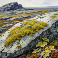Close-up watercolor of lichen-covered rock in the tundra, rain glistening on the surface, with a single wind-stunted flower nodding in the wind
