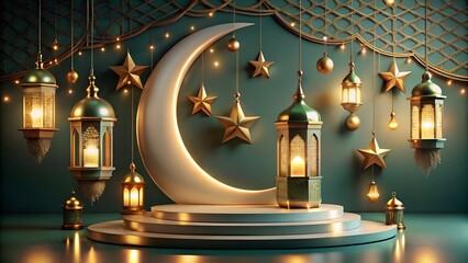 Obraz premium “Eid-themed podium with lanterns, crescent moon, and stars”