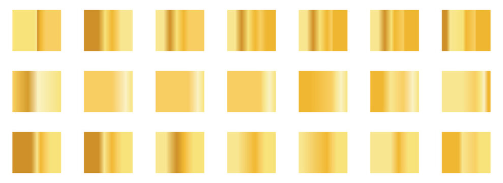Golden gradients set. Metallic gold gradients. Elegant gold gradients collection. Set of golden color illustrator gradients with black background. 