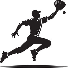 Silhouette of a baseball player catching a ball with a glove in mid air against a white background