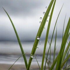 Close-up watercolor of windblown beach grass soaked in rain, one blade bent low and holding a droplet that reflects the gray sky.