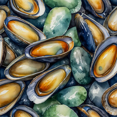 Macro watercolor of tightly packed mussels gleaming with rain, sea foam clinging to their edges as mist rolls in from a rocky shoreline