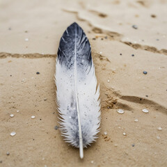 Macro watercolor of a single gray seagull feather laying across damp sand, rain forming tiny puddles around its barbs.