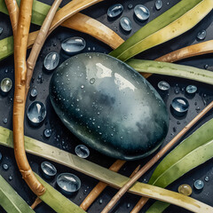 Macro-style watercolor of a smooth, rain-darkened pebble nestled among fresh kelp strands, light catching water droplets like glass beads