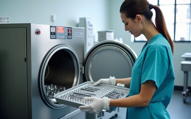 Autoclaving - Sterilization of medical instruments - a nurse loads a tray of instruments for sanitization into an autoclave. High quality
