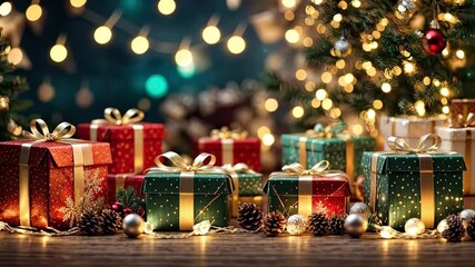 Christmas background with gift boxes with bows in bright gold tones, bokeh and fairy light, Christmas tree in the interior of the house. Festive mood Christmas and New Year, card.