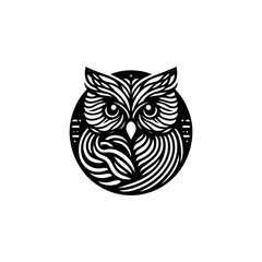 Stylized owl illustration in black and white, featuring intricate line work within a circular frame.