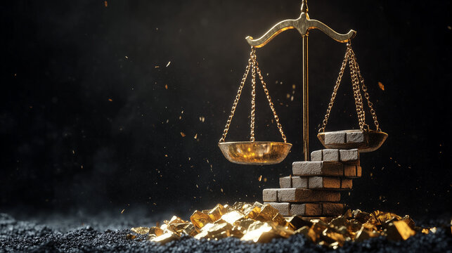 golden judgement balance scale on top of gold bars in black background. Justice, law and judiciary politics concept.