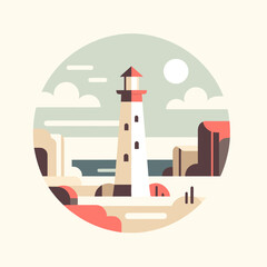 Obraz premium Lighthouse by the sea with cliffs and cloudy sky in a circular design 