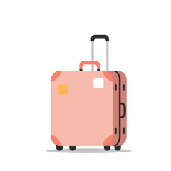 Pink suitcase with wheels standing on white background, concept of travel  