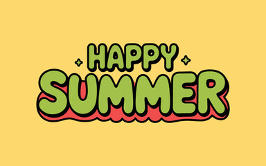 Happy summer text in soft green and brown tones with floral decoration for joyful theme  