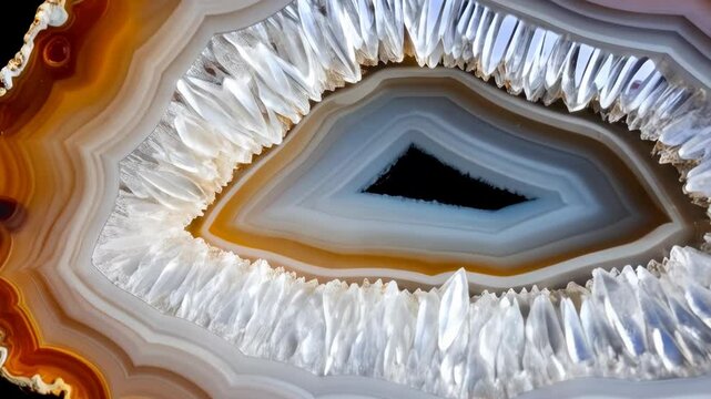 Sliced agate geode revealing crystal formations and concentric bands of color in mineral stone