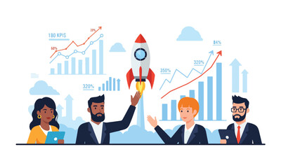 Startup team launching new product with rocket and KPI charts – flat vector illustration