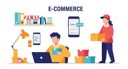 E-commerce business owner managing store and packaging parcels – flat vector illustration