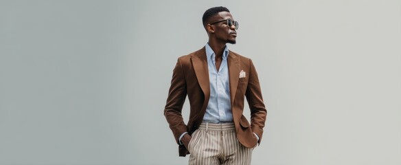 The stylish man in a brown suit and sunglasses exuding confidence.