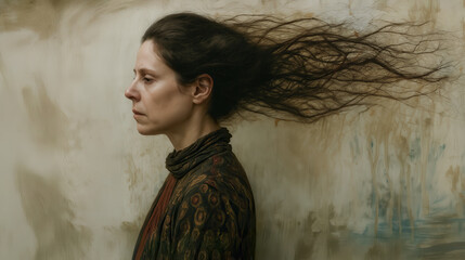 Illustration of a woman in profile, her dark hair flowing dramatically in an unseen wind, stands against a textured background.  Her pensive expression hints at inner turmoil.
