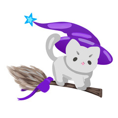 A charming little cat rides gracefully on a broom, wearing a pointy witch hat . Perfect for Halloween themes, enchanted stories, or magical artwork lovers