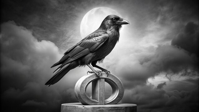 A solitary black raven perches on a fence, its dark feathers stark against the wild, open sky