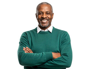 An assured elderly man, clad in a green sweater with arms folded, on a transparent background.