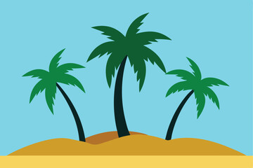 Tropical Paradise Illustration Featuring Palm Trees on a Sandy Beach with a Clear Blue Sky Backdrop, conveying relaxation and vacation