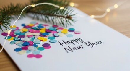 Happy new year card with colorful confetti