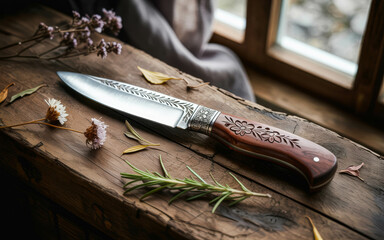 Carved Wooden Handle Knife with Floral Engraving on Rustic Table by Window. Decorative Knife Display