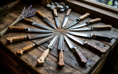 Collection of Vintage Knives with Wooden Handles Arranged in Circle on Wooden Table. Decorative Knife Display