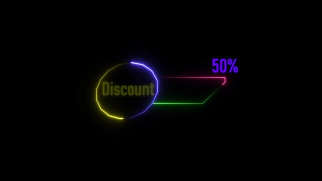 The video is of a digital neon LED display board showing animation of  Discount 50% text on a black background.