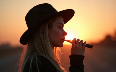 Pretty young hipster woman in black hat vape ecig, vaping device at the sunset. Toned image. High quality