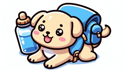 Fototapeta premium Cute Tan Puppy with Blue Backpack and Water Bottle