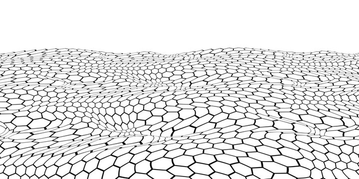 Wavy 3D bg of hexagon graphene carbon molecule. Thin super flexible material with conductor properties. Polygonal mesh. Vector illustration
