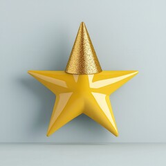 Fototapeta premium Golden Party Hat on Yellow Star Against Soft Blue Background
