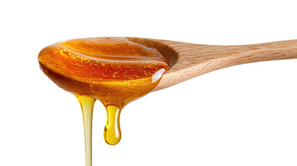 Golden Honey Dripping off a Wooden Spoon on Transparent Background

