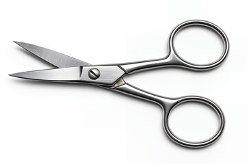 Fototapeta premium Shiny silver scissors on a white background, ideal for cutting tasks. Perfect for design or everyday use, showing detail.