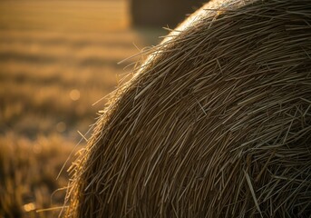 Golden hay bale at sunrise in rural field