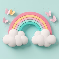Colorful Rainbow with Soft Clouds and Butterflies on Pastel Background
