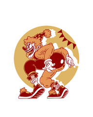 A mischievous clown with exaggerated gestures becomes the literal butt of the joke in this bold, humorous vintage cartoon.