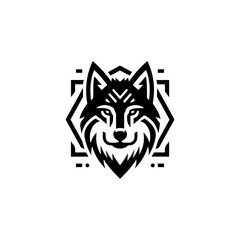 Fototapeta premium Stylized wolf head emblem within a geometric frame.