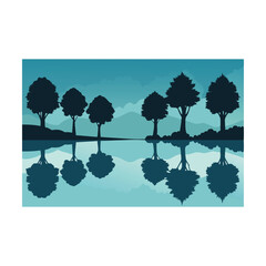 Serene Lakeside Silhouette A Tranquil Reflection of Nature's Beauty and Calm with Trees, Water, and Distant Mountains